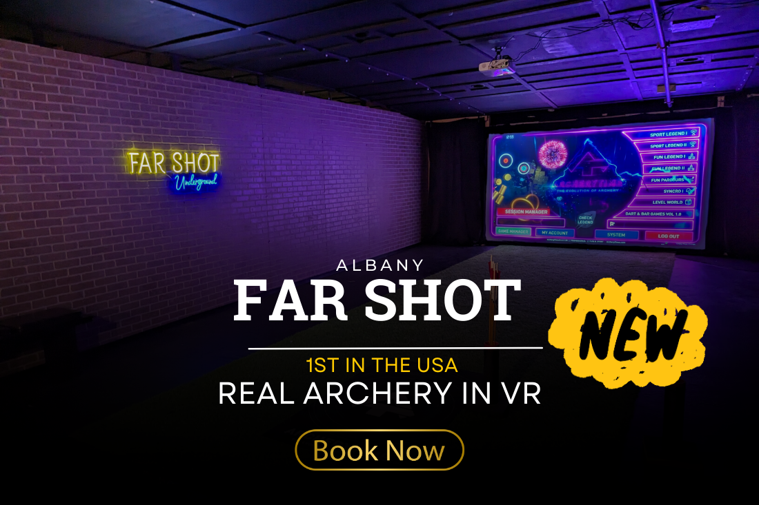 Archery time at Far Shot Albany, NY. Far shot underground, basement with bar and archery target virtual simulation targets, moving targets for archery range in USA. 